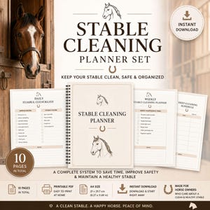 May include: A digital stable cleaning planner set featuring a spiral-bound cover with horse illustrations and the text STABLE CLEANING PLANNER. Includes daily checklists, weekly planners, and deep cleaning schedules on A4 size pages.