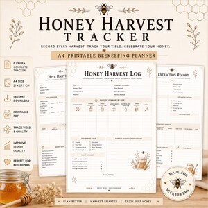 Op de afbeelding: Een A4-imkerplanner-set Honey Harvest Tracker met een honingoogstlogboek, bijenkorfoverzicht en extractieregister. De pagina's bevatten secties voor datum, bijenkorfdetails, gebruikte apparatuur, opbrengstoverzicht en notities met bijenillustraties.