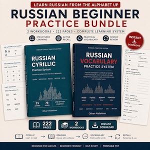May include: A Russian beginner practice bundle featuring two workbooks, Russian Cyrillic Practice System and Russian Vocabulary Practice System, with 222 pages total. Includes supplementary printable worksheets and icons for learning, recall, and review.
