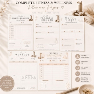 Può includere: Un set di cinque pagine per pianificatore di fitness e benessere color beige, con sezioni per il monitoraggio delle abitudini, il controllo dei progressi mensili, la visione fitness, l'allenamento giornaliero e il programma settimanale con testo e icone.