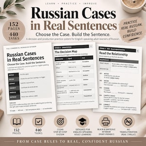Pode incluir: Um livro de exercícios de língua russa intitulado Russian Cases in Real Sentences, com 152 páginas e 440 tarefas. A capa e as páginas internas exibem um mapa de decisão, tabelas gramaticais e exercícios de frases para estudantes adultos.