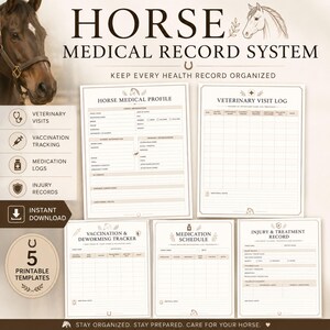 Sistema de registro médico equino, paquete de seguimiento de la salud equina (PDF imprimible)