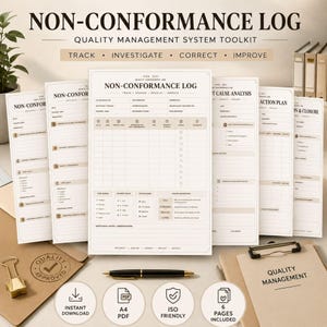 May include: A Non-Conformance Log quality management system toolkit featuring multiple printed pages with tables, checkboxes, and headers. The documents include sections for tracking, investigating, and correcting issues, with a black pen placed in front.