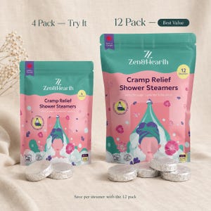 Cramp relief pouch comparison 4 pack and 12 pack Zen and Hearth pink teal Cycle Comfort packaging