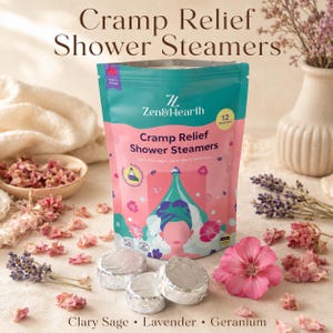 Cramp relief shower steamers pink pouch with clary sage lavender geranium tablets and dried florals