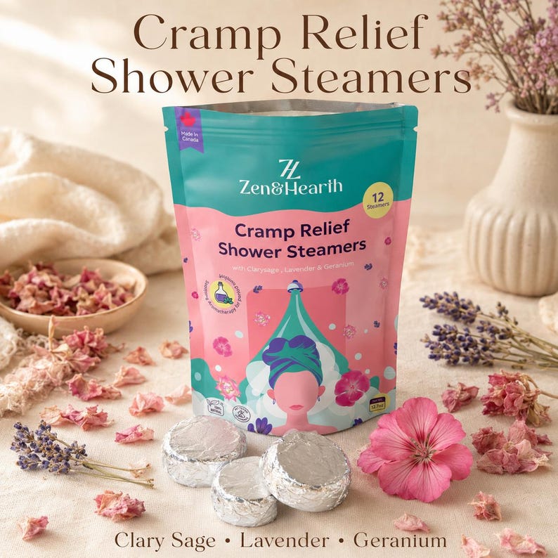 Cramp relief shower steamers pink pouch with clary sage lavender geranium tablets and dried florals