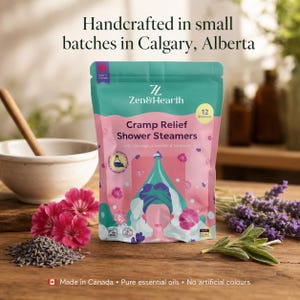 Handmade Cramp Relief pouch on Calgary workbench with lavender and geranium botanical ingredients