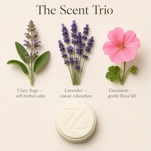 Cycle comfort scent trio clary sage lavender geranium botanical essential oil blend infographic