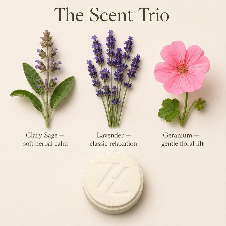 Cycle comfort scent trio clary sage lavender geranium botanical essential oil blend infographic