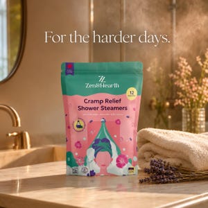 Cramp relief pouch on warm bathroom counter with lavender bundle and folded cream towel evening light