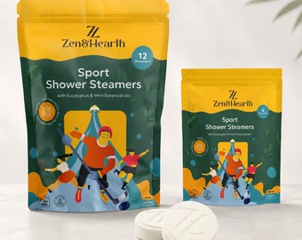 Sportdouchestoomtabletten met eucalyptus-muntaroma, verkrijgbaar in een verpakking van 4 of 12 stuks.