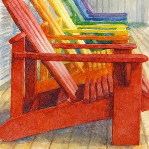 Rainbow Adirondack Chairs Watercolor Print: Coastal Cottage Wall Art (Digital Download)