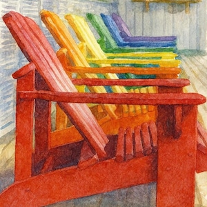 Bunt Adirondack Chair Poster, Aquarell Kunstdruck, Wohnkultur, Wandkunst, Strandhaus Vibe, Geschenkidee