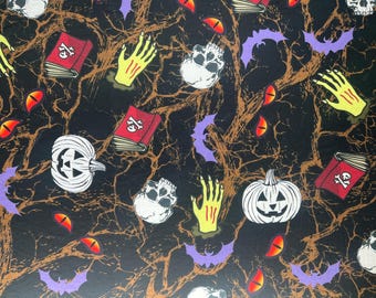 Halloween Skull Black and Orange Base Printed Jersey Fabric by the Meter Polyester