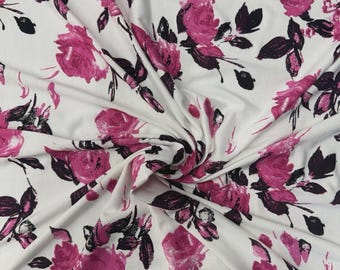 Pink Rose Floral Print Viscose Jersey Fabric - Soft Stretch Knit Fabric by the Metre
