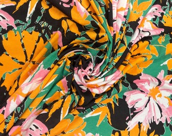 Green Floral Stretch Knit Fabric - Soft and Flexible Polyester Viscose Dress Fabric by the Yard