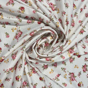 White Floral Textured Fabric by the Yard / Metre – Small Pink Rose Print Material