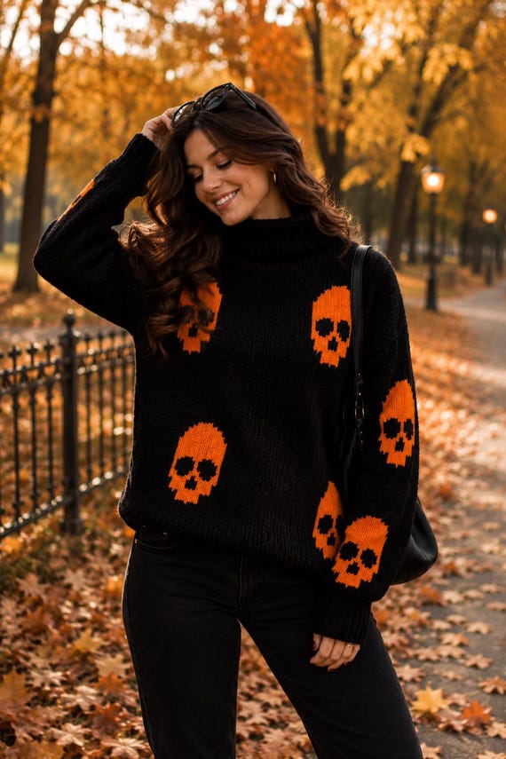 Skull Sweater Knitting Pattern PDF | Halloween Knit Pullover | Gothic Skull Sweater Pattern | Oversized Jumper | XS–5XL | Only in English