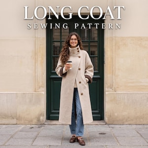 Coat Sewing Pattern PDF, Women Wool Coat with Funnel Collar, Asymmetric Button Coat, Midi Winter Coat Pattern, Sizes S M L