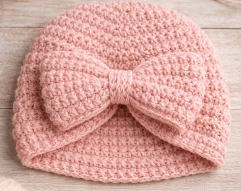 Crochet Pattern Beanie Baby Turban Hat | New Born Ribbed Bow Patron | Digital Download