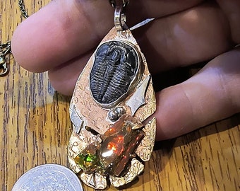 Ammolite and Utah Black Trilobite Men's Necklace Sterling Silver on Brass with 20" Bronze Necklace Chain Red Green Yellow Fire  1399