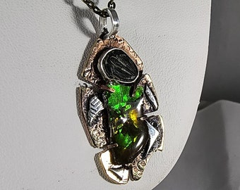 Large Utah Ammolite Gem and Utah Black Trilobite Necklace Sterling Silver with 20" Bronze Necklace Chain Red Green Yellow Fire  1391