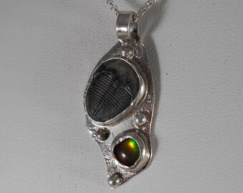 Ammolite and Black Trilobite Necklace Sterling Silver Utah Gem Fossils with Red Green Yellow Fire Comes with SS  Necklace Chain 979