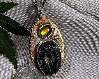 Utah Ammolite Gem and Large Utah Black Trilobite Necklace on Brass and Sterling Silver 20" Bronze Necklace Chain Red Green Yellow Fire  1390