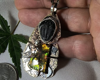 Ammolite and Utah Black Trilobite Necklace Sterling Silver on Brass with 20" Bronze Necklace Chain Red Green Yellow Fire  1393