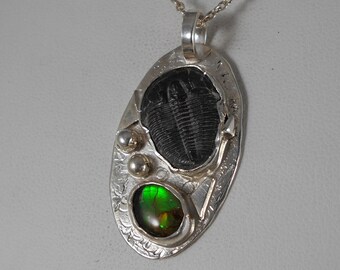 Ammolite and Trilobite Necklace Sterling Silver with 20" Sterling Silver Necklace Chain Utah Gems Red Green Yellow Fire 1207