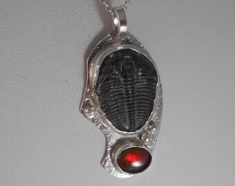 Rare Utah Ammolite and Utah Black Trilobite Necklace Sterling Silver 20" Sterling Silver Necklace Chain Utah Gem Red Fire Necklace 1363