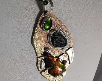 Utah Ammolite Specimen, Ammolite Cab and Utah Black Trilobite Necklace Sterling Silver on Brass 20" Bronze Necklace  1402