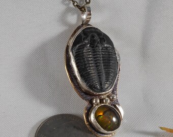 Large Black Trilobite and Ammolite Necklace Sterling Silver on Brass Utah Gem Fossils Red Green Yellow Fire Necklace 1353