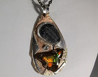 Ammolite and Utah Black Trilobite Men's Necklace Sterling Silver on Brass with 20" Bronze Necklace Chain Red Green Yellow Fire  1401