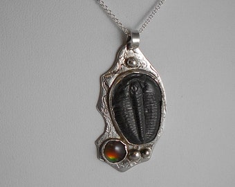 Ammolite and LARGE Black Trilobite Necklace Sterling Silver on Brass Utah Gem Fossils Red Green Yellow Fire Necklace 953