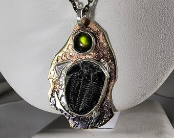 Large Utah Ammolite Gem and Utah Black Trilobite Necklace Sterling Silver and 20" Bronze Necklace Chain Green Yellow Orange Fire  1395