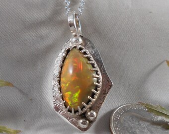 Ethiopian Fire Opal Necklace Sterling Silver High Grade Large Opal Orange Red Green Blue Fire 1048