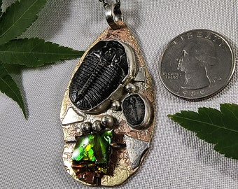 Ammolite and Two Complete Utah Black Trilobite Necklace Sterling Silver on Brass 20" Bronze Necklace Chain Red Green Yellow Fire  1397