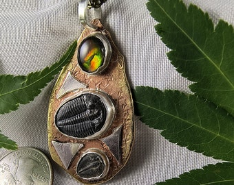 Ammolite and Two Complete Utah Black Trilobites Necklace Sterling Silver on Brass 20" Bronze Necklace Chain Red Green Yellow Fire  1400