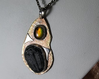 Ammolite Gem and Trilobite Utah Fossils Necklace Sterling Silver and 20" Bronze Necklace Chain Green Yellow Orange Fire  1398