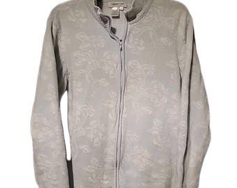 Vtg Coldwater Creek Floral Zip Up Cardigan Large Cotton & Ramie Light Blue White