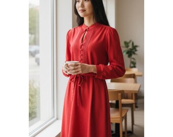 Vintage Halmode Petites Pink Mock Neck Pintuck Midi Dress Long Sleeve Size 16P