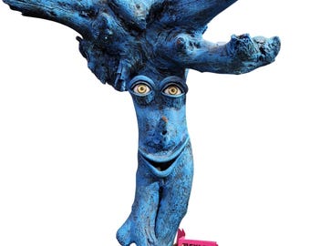 Tlatoani Mexico Handmade Blue Wood Tree Spirit Sculpture Folk Art Whimsical