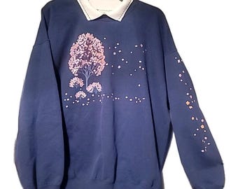 VTG Morning Sun Women's Sweatshirt Sz. XL Textured Pink Trees Glitter Grandma