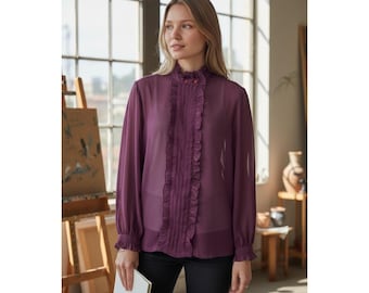 Vintage Montgomery Ward Purple Ruffle High Neck Sheer Blouse Top Size 10 Plum