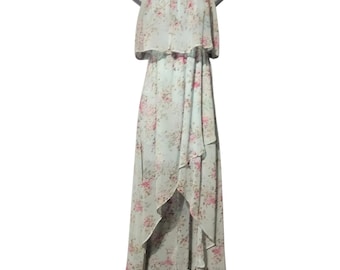 Disney Cinderella Floral High Low Maxi Dress Light Blue Pink Rose Chiffon XS