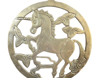 Vintage Brass Unicorn Wall Hanging Trivet Circular Mythical Fantasy Decor 7.5"