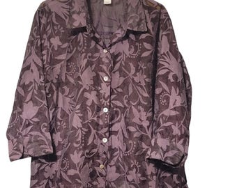 Purple Burnout Linen Floral Artsy Whimsigoth Button Up Top XL Boxy Art to Wear