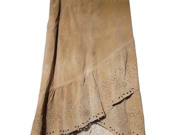 VTG Pamela McCoy Tan Suede Leather Laser Cut Eyelet Asymmetrical Midi Skirt Lg