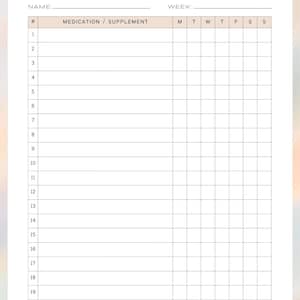 Puede incluir: Un rastreador semanal de medicamentos imprimible con un fondo de acuarela suave. La parte superior de la página dice "WEEKLY MEDICATION TRACKER". El rastreador incluye espacios para el nombre, la semana, el medicamento/suplemento y casillas de verificación diarias.